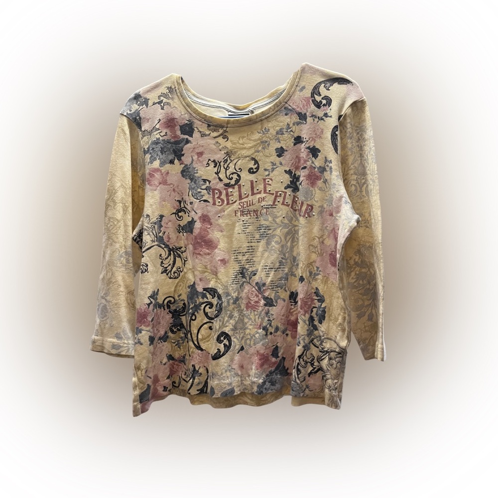 Nicole Miller Beige and Pink Floral Long Sleeve Top